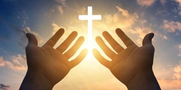 rendre grâces 2 prayer concept, Human hands open palm up to worship god Jesus Christ on cross background