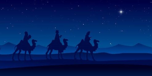 Vector illustration of Nativity Scene with dark blue figurine silhouettes of Three Wise Men in the desert setting, against a blue starry sky at night with moravian star.